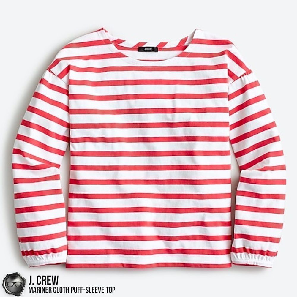 J. CREW MARINER CLOTH PUFF-SLEEVE TOP IN FADED POPPY RED STRIPE WOMEN’S SIZE XXS